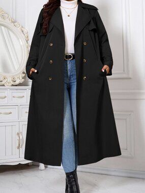 Black Elegant Women's Belted Double Button Long Sleeve Trench Coat